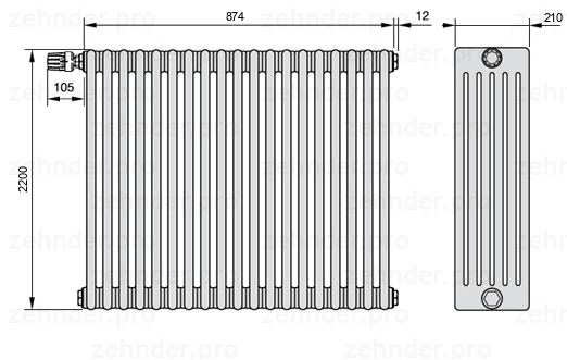 Схема (чертеж) Радиатор Zehnder Charleston 6220/19 №V012 Белый глянцевый RAL 9016
